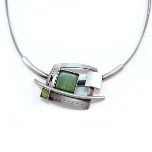 Silvertone and Light Green Cat's Eye Square Necklace